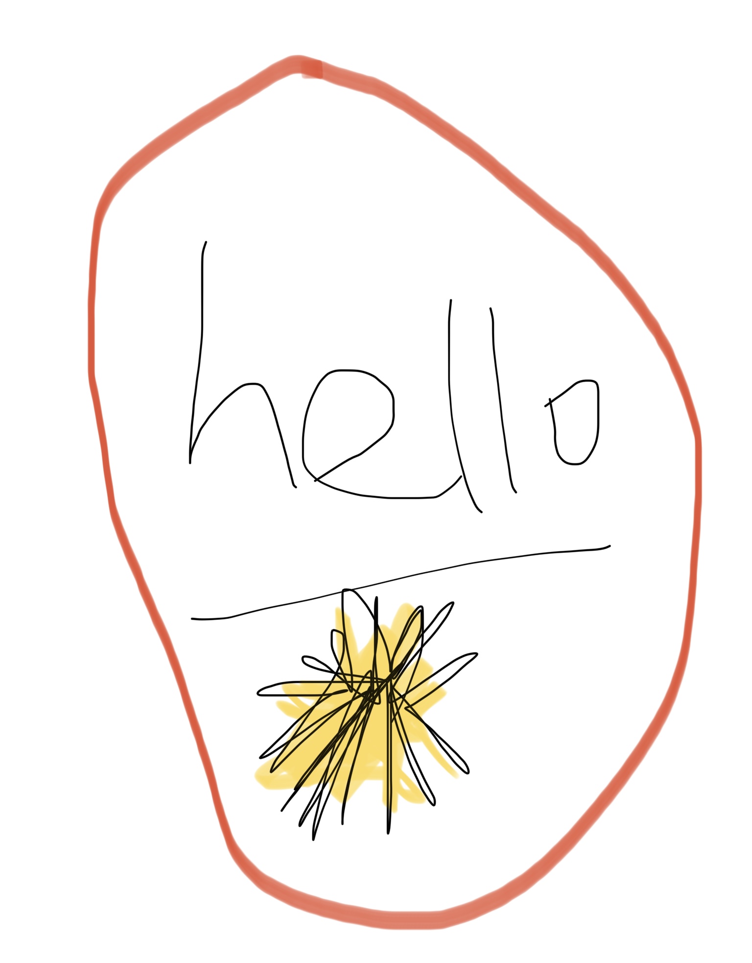 A yellow hand drawn star, above which is the word “hello”, handwritten. The entire thing is encircled with a hand drawn red oval