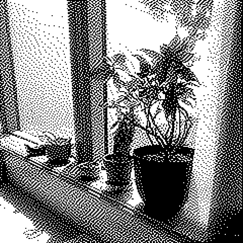 Black and white, pixelated image of a couple of plants on a windowsill.